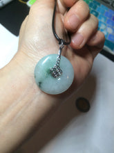 Load image into Gallery viewer, 25.4/6.2mm 100% Natural icy watery green/white with green floating flowers jadeite Jade Safety Guardian Button(donut) Pendant/worry stone BF46