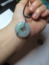 Load image into Gallery viewer, 25.4/6.2mm 100% Natural icy watery green/white with green floating flowers jadeite Jade Safety Guardian Button(donut) Pendant/worry stone BF46
