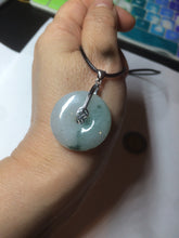 Load image into Gallery viewer, 25.4/6.2mm 100% Natural icy watery green/white with green floating flowers jadeite Jade Safety Guardian Button(donut) Pendant/worry stone BF46