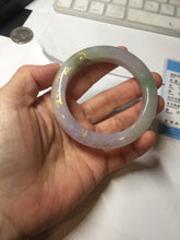 Load image into Gallery viewer, 53.3mm 100% Natural type A sunny green purple brown gray white carved flowers and golden-painted Jadeite Jade bangle BG231-5035