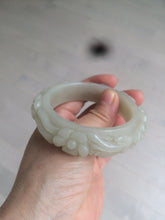 Load image into Gallery viewer, 53mm 100% natural light green/gray/pale pink Quartzite (Shetaicui jade) carved flowers bangle XY90
