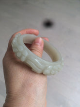 Load image into Gallery viewer, 53mm 100% natural light green/gray/pale pink Quartzite (Shetaicui jade) carved flowers bangle XY90
