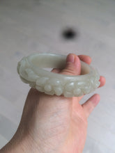Load image into Gallery viewer, 53mm 100% natural light green/gray/pale pink Quartzite (Shetaicui jade) carved flowers bangle XY90