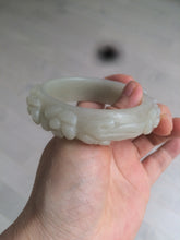 Load image into Gallery viewer, 53mm 100% natural light green/gray/pale pink Quartzite (Shetaicui jade) carved flowers bangle XY90