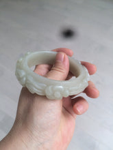 Load image into Gallery viewer, 53mm 100% natural light green/gray/pale pink Quartzite (Shetaicui jade) carved flowers bangle XY90