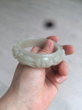 Load image into Gallery viewer, 53mm 100% natural light green/gray/pale pink Quartzite (Shetaicui jade) carved flowers bangle XY90