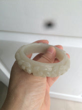 Load image into Gallery viewer, 53mm 100% natural light green/gray/pale pink Quartzite (Shetaicui jade) carved flowers bangle XY90