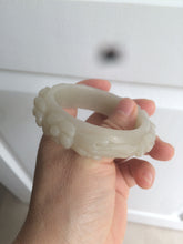 Load image into Gallery viewer, 53mm 100% natural light green/gray/pale pink Quartzite (Shetaicui jade) carved flowers bangle XY90
