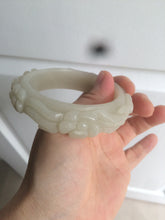 Load image into Gallery viewer, 53mm 100% natural light green/gray/pale pink Quartzite (Shetaicui jade) carved flowers bangle XY90