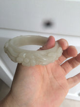 Load image into Gallery viewer, 53mm 100% natural light green/gray/pale pink Quartzite (Shetaicui jade) carved flowers bangle XY90