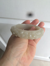 Load image into Gallery viewer, 53mm 100% natural light green/gray/pale pink Quartzite (Shetaicui jade) carved flowers bangle XY90