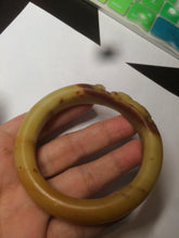 Load image into Gallery viewer, 56mm 100% Natural yellow/red/brown carved cat and flowers Xiu Jade (Serpentine) bangle XY60