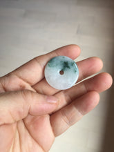 Load image into Gallery viewer, 28mm Type A 100% Natural white purple with green floating flowers Jadeite Jade Safety Guardian Button donuts couple pendant PB188