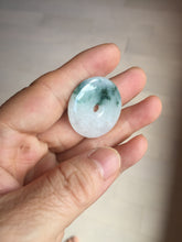 Load image into Gallery viewer, 28mm Type A 100% Natural white purple with green floating flowers Jadeite Jade Safety Guardian Button donuts couple pendant PB188