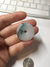 Load image into Gallery viewer, 28mm Type A 100% Natural white purple with green floating flowers Jadeite Jade Safety Guardian Button donuts couple pendant PB188