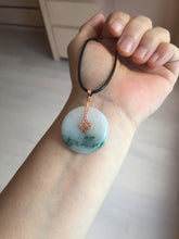 Load image into Gallery viewer, 28mm Type A 100% Natural white purple with green floating flowers Jadeite Jade Safety Guardian Button donuts couple pendant PB188