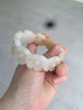 Load image into Gallery viewer, 56.7mm 100% natural light yellow/white Quartzite (Shetaicui jade) carved galsang flower(格桑花) bangle XY68