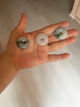 Load image into Gallery viewer, 24-25mm 100% Natural icy watery green/white with dark green floating flowers jadeite Jade Safety Guardian Button(donut) Pendant/worry stone group H153