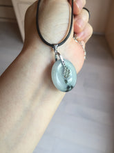 Load image into Gallery viewer, 24-25mm 100% Natural icy watery green/white with dark green floating flowers jadeite Jade Safety Guardian Button(donut) Pendant/worry stone group H153