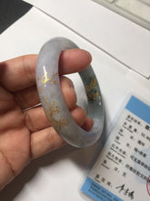 Load image into Gallery viewer, 53.6mm 100% Natural type A dark green purple white carved plum bossom and golden-painted Jadeite Jade bangle PD91-0269