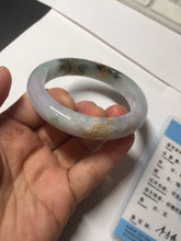 Load image into Gallery viewer, 53.6mm 100% Natural type A dark green purple white carved plum bossom and golden-painted Jadeite Jade bangle PD91-0269