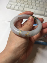Load image into Gallery viewer, 53.6mm 100% Natural type A dark green purple white carved flowers and golden-painted Jadeite Jade bangle PD92-0263