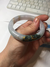 Load image into Gallery viewer, 53.6mm 100% Natural type A dark green purple white carved flowers and golden-painted Jadeite Jade bangle PD92-0263