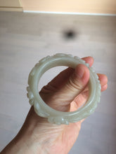 Load image into Gallery viewer, 53mm 100% natural light green/gray/pale pink Quartzite (Shetaicui jade) carved flowers bangle XY90