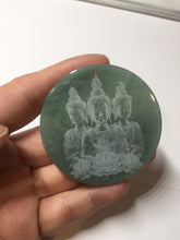 Load image into Gallery viewer, 52.5mm 100% natural blue/gray with fly snow Guatemala  jadeite jade Guanyin (观音) safe and sound pendant/worry stone/decor AA25