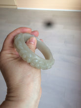 Load image into Gallery viewer, 53mm 100% natural light green/gray/pale pink Quartzite (Shetaicui jade) carved flowers bangle XY90