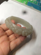 Load image into Gallery viewer, 53mm 100% natural light green/gray/pale pink Quartzite (Shetaicui jade) carved flowers bangle XY90