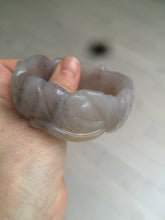 Load image into Gallery viewer, 54.6mm 100% natural light Pink/black/purple fish and lotus pods(年年有余) Quartzite (Shetaicui jade) 3D carved Bow knot bangle SY10