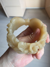 Load image into Gallery viewer, 55.3mm 100% natural yellow brown carved Peony and bow Quartzite (Shetaicui jade) bangle XY98