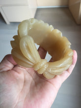 Load image into Gallery viewer, 55.3mm 100% natural yellow brown carved Peony and bow Quartzite (Shetaicui jade) bangle XY98