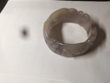 Load image into Gallery viewer, 54.6mm 100% natural light Pink/black/purple fish and lotus pods(年年有余) Quartzite (Shetaicui jade) 3D carved Bow knot bangle SY10