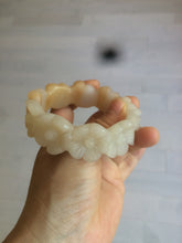 Load image into Gallery viewer, 56.7mm 100% natural light yellow/white Quartzite (Shetaicui jade) carved galsang flower(格桑花) bangle XY68