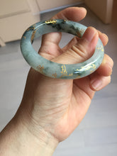 Load image into Gallery viewer, 54mm 100% Natural type A icy watery dark green with floating flowers and carved and golden-painted Jadeite Jade bangle PA172-8572