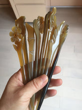 Load image into Gallery viewer, 100% Natural Buffalo Horn carved flowers/bamboo/Auspicious Clouds/love bird stick hairpin CB81 (Add-on item! not for sale individually)