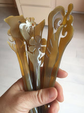 Load image into Gallery viewer, 100% Natural Buffalo Horn carved flowers/bamboo/Auspicious Clouds/love bird stick hairpin CB81 (Add-on item! not for sale individually)