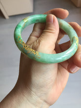 Load image into Gallery viewer, 58.5mm Certified 100% Natural type A icy watery green/light with green flying flowers carved and golden-painted Jadeite Jade bangle PA166-4652