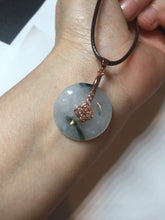 Load image into Gallery viewer, 23.8mm Type A 100% Natural icy watery white with green floating flowers Jadeite Safety Guardian Button donuts pendant BP186