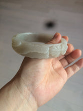 Load image into Gallery viewer, 63.6mm 100% natural light pale pink/gray Quartzite (Shetaicui jade) Phoenix and Peony bangle XY8