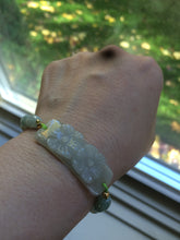 Load image into Gallery viewer, Type A 100% Natural light green/white carving flowers vintage style Jadeite Jade bracelet Z