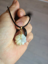 Load image into Gallery viewer, Type A 100Natural 3D light yellow/white jadeite Jade Hawaii flower Pendant necklace AF32