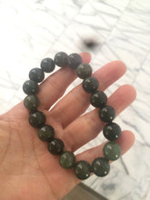 Load image into Gallery viewer, 100% Natural 11-12.5mm dark green round shape nephrite Jade bead bracelet A25 (河磨玉)
