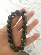 Load image into Gallery viewer, 100% Natural 11-12.5mm dark green round shape nephrite Jade bead bracelet A25 (河磨玉)