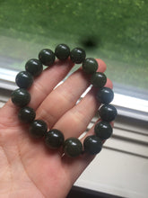 Load image into Gallery viewer, 100% Natural 11-12.5mm dark green round shape nephrite Jade bead bracelet A25 (河磨玉)