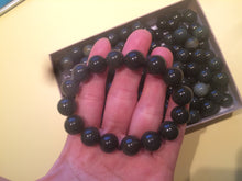 Load image into Gallery viewer, 100% Natural 11-12.5mm dark green round shape nephrite Jade bead bracelet A25 (河磨玉)