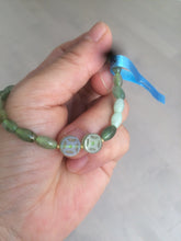 Load image into Gallery viewer, 100% natural green/white Icy watery type A jadeite jade olive+ancient Chinese coin/four-leaf clover bead bracelet AS32