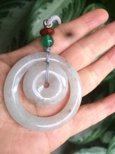 Load image into Gallery viewer, Certified Type A 100% Natural icy light green/brown Jadeite Jade concentric circle safety Guardian ring Pendant (子母扣) SN-8012